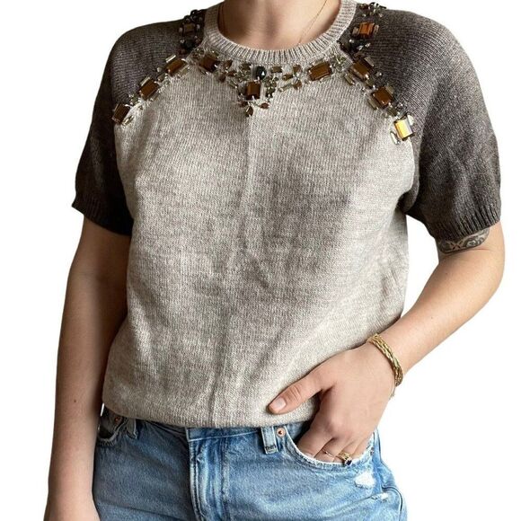 NWOT J Crew Womens Alpaca Wool Blend Crew Jewel Embroidered Short Sleeve Sweater - Picture 3 of 10